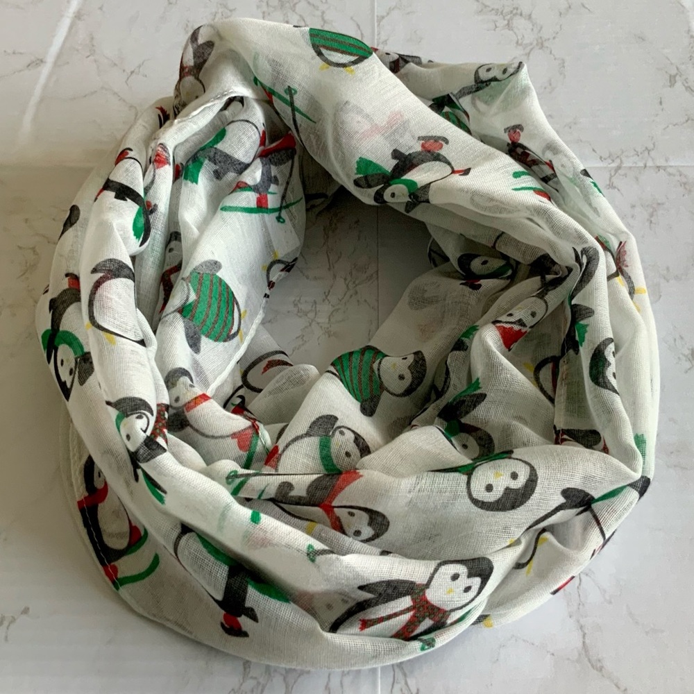 White Infinity Scarf w/ Skiing Penguin Print